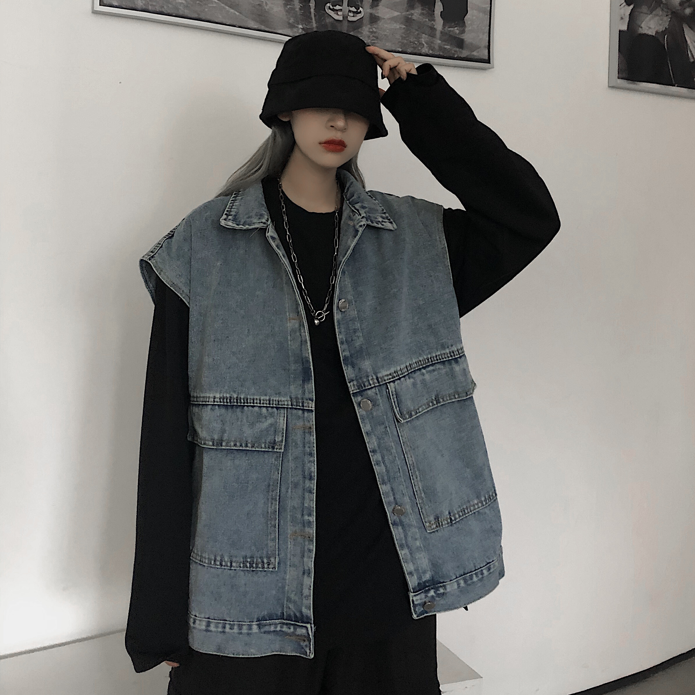 Áo Khoác Denim Không Tay Dáng Rộng Phối Túi Cá Tính Dành Cho Nam Và Nữ 22838 | BigBuy360 - bigbuy360.vn