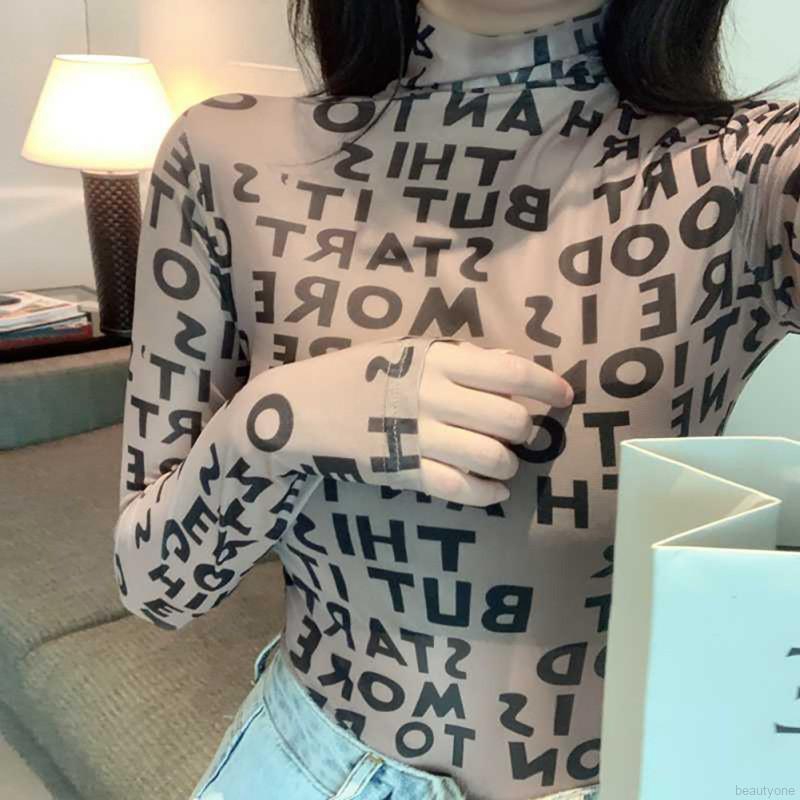 Áo thun tay dài phối lưới hoạ tiết chữ cho phái nữ