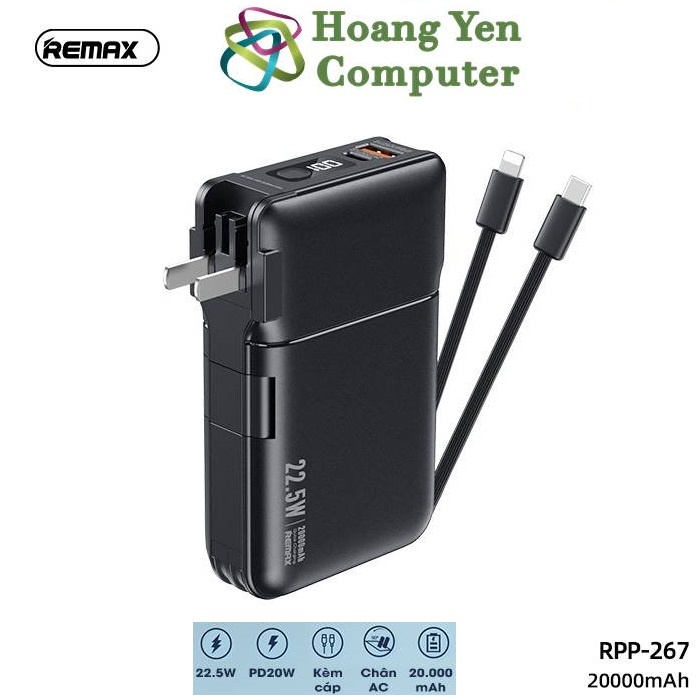 Sạc Dự Phòng Remax RPP-267 20000Mah (Sạc Nhanh QC3.0, VOOC 2.0  PD20W), Tích Hợp Cáp Sạc, Nguồn AC Sạc Trực Tiếp