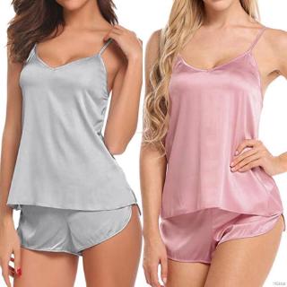 Bộ đồ ngủ hai mảnh gồm áo không tay cổ chữ V phối ren và quần ngắn giả lụa quyến rũ lãng mạn dành cho nữ