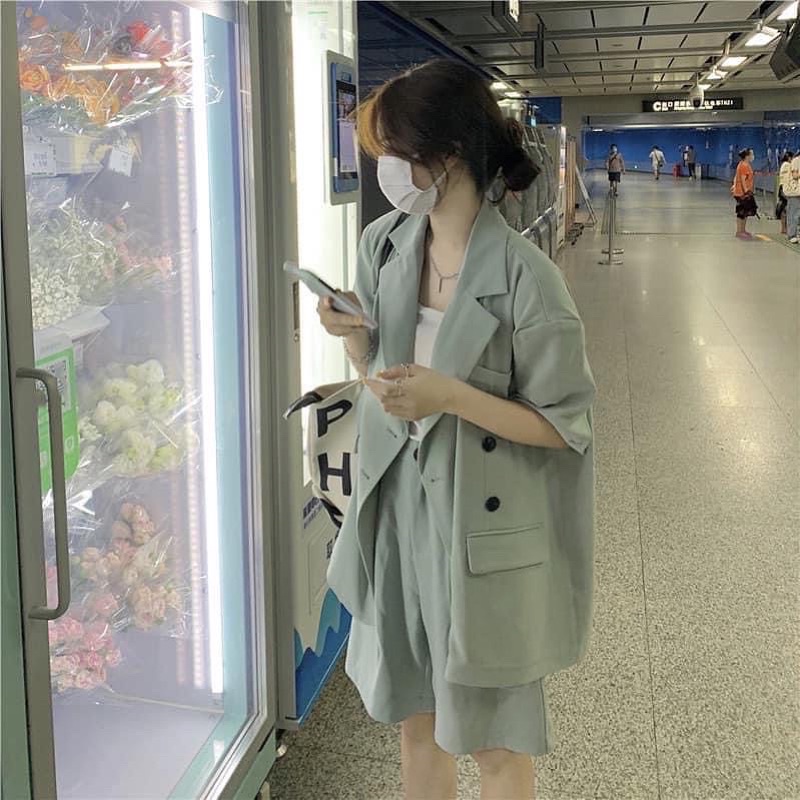 Set Sơ Mi Xanh Kèm Short Đũi LanTran Nữ [FREESHIP]  Bộ đồ học sinh form rộng tay lỡ kiểu đường phố hàn quốc Ulzzang