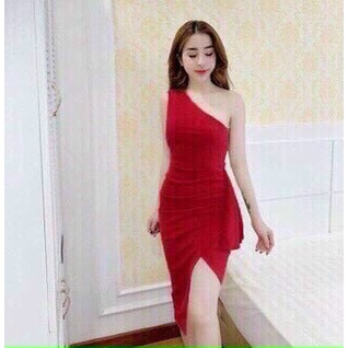 Váy Đầm Dự Tiệc Thiết Kế Lệch Vai Dáng Ôm Body Sexy Chất Liệu Umi Co Dãn Thoải Mái Sẵn 4 Màu Đỏ, Tráng, Vàng Xm Minh Phú