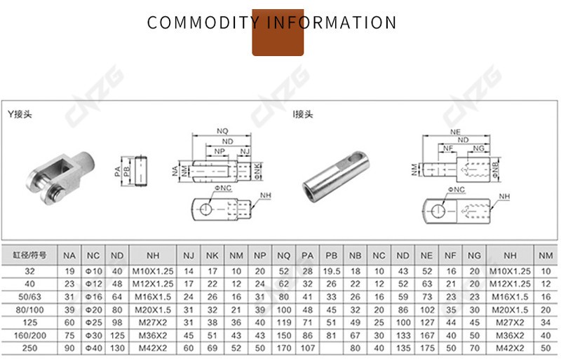 Thanh pít tông khí nén CNZG Y16-Y160 M6-M36 bằng kim loại