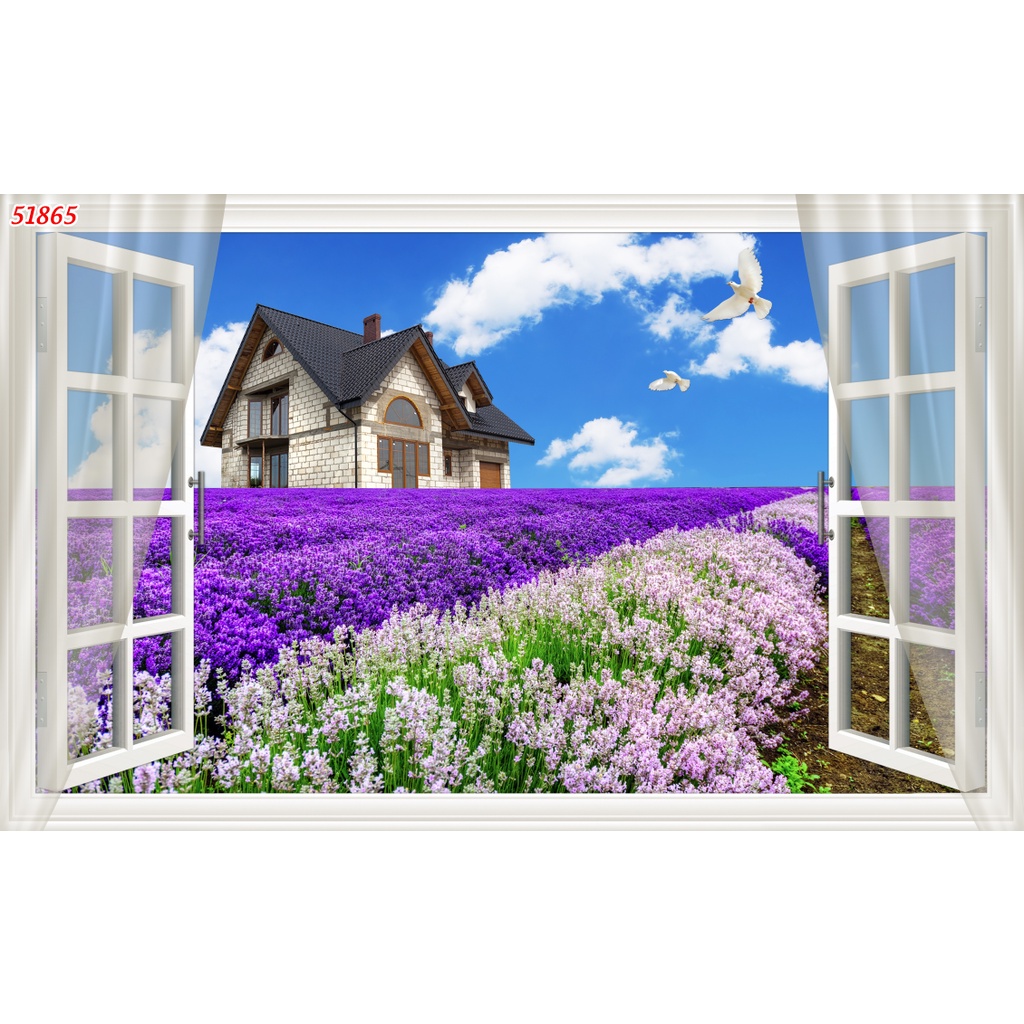 Tranh 3d dán tường cửa sổ hiện đại Chèn Chữ Miễn Phí