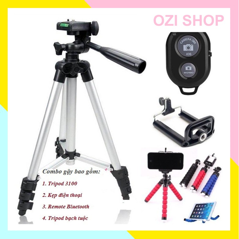 Combo Gậy Tripod 3110 Kèm 1 Kẹp Điện Thoại và Remote (Tặng Giá đỡ Bạch tuộc Đa năng)