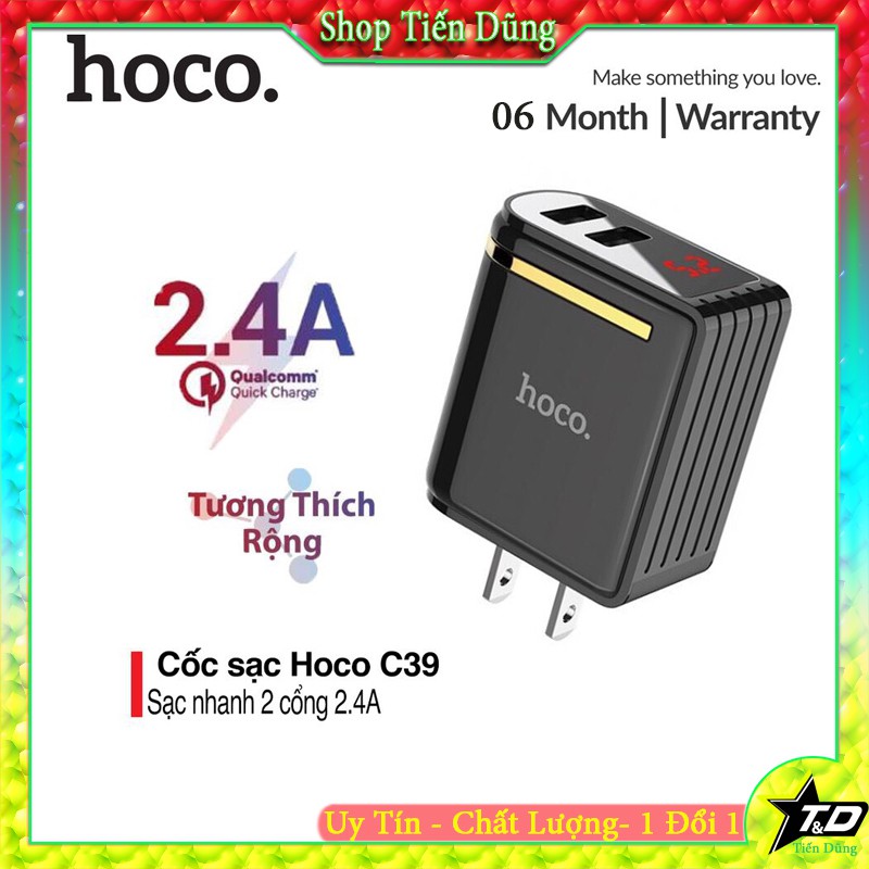Củ sạc nhanh Hoco C39 dòng 12w/2.4A hỗ trợ 2 cổng USB và đèn led hiển thi dòng điện và công xuất tiêu thu
