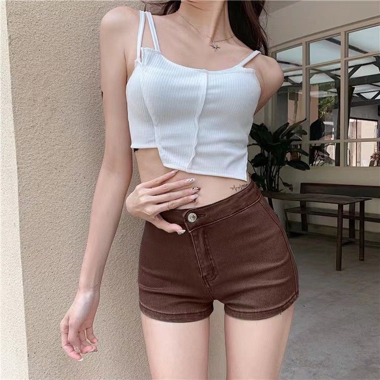 Quần short denim COZOK lưng cao co giãn kiểu dáng đơn giản thời trang