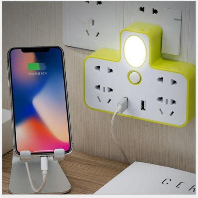 (Ổ 3 CHẤU) Chia ổ điện kiêm đèn ngủ có 2 USB sạc điện thoại