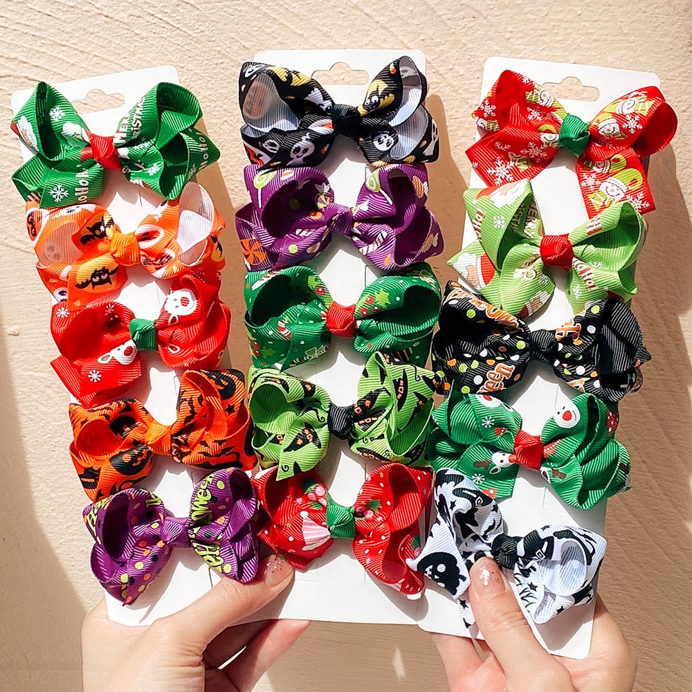KIDSBOWS Bộ 10 Kẹp Tóc Nơ In Họa Tiết Halloween / Giáng Sinh Dễ Thương Cho Bé Gái