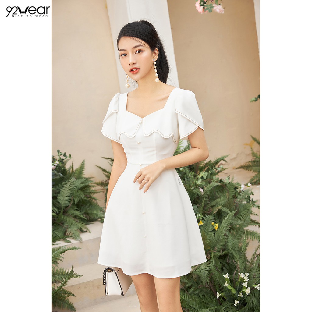 Đầm váy nữ công sở 92WEAR (2 MÀU) đủ size, dáng xòe chàn chỉ trang trí DEW1906