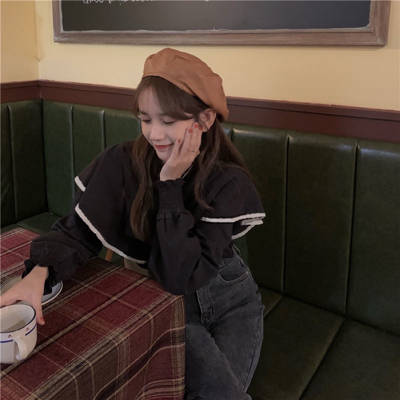 Áo kiểu tay dài cổ đứng phối bèo thời trang thu đông phong cách Pháp 2021 cho nữ