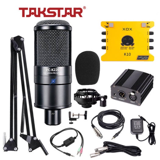 Bộ Mic Livestream Chính Hãng Đầy Đủ Mic Takstar PC-K220, Sound Card K10 XOX, Nguồn 48V &amp; Phụ Kiện Cao Cấp Bảo Hành 1 Năm