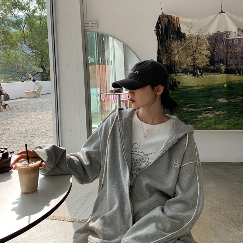 Áo khoác cardigan dáng rộng phối khóa kéo phong cách Hàn Quốc thời trang mùa thu mới