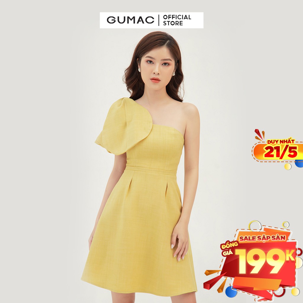 [Mã MABR07062 giảm 8% tối đa 50K đơn từ 249K] Đầm dự tiệc cúp ngực GUMAC thiết kế nơ sang chảnh, màu vàng đủ size DB374