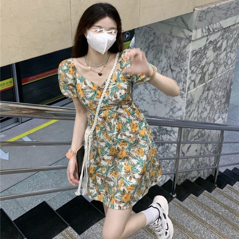 Đầm Hoa Tay Phồng Ngắn Thời Trang Mùa Hè Pháp Ngọt Ngào Cho Nữ