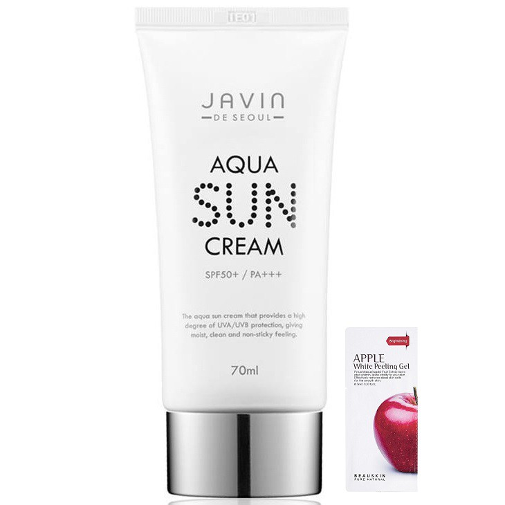 Kem chống nắng trắng da cao cấp Javin Tiara Aqua Sun Cream SPF 50+/PA Hàn 70ml/Tuýp Và 1 gói tẩy da chết Beauskin 3g/gói