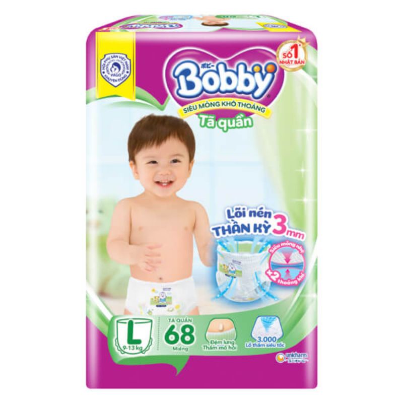 BỈM - TÃ QUẦN BOBBY SIZE L - 68 MIẾNG (CHO BÉ 9 - 13KG)