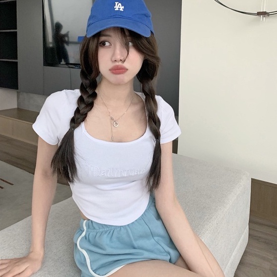 Áo kiểu croptop ZHELIHANGFEI dệt kim tay ngắn cổ vuông phong cách Mỹ quyến rũ thời trang dành cho nữ