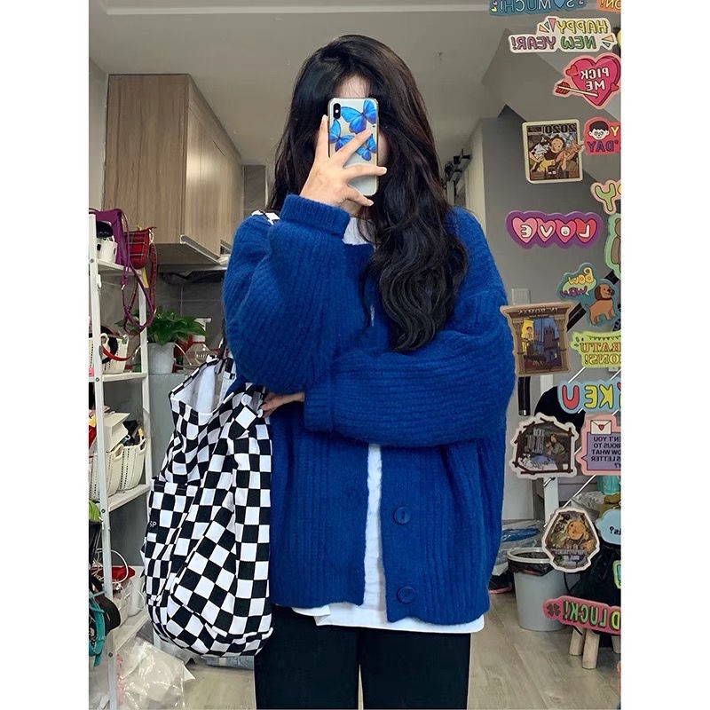 Áo khoác cardigan dệt kim dáng rộng cài nút màu xanh dương phong cách Nhật Bản cổ điển đa năng cho nữ sinh