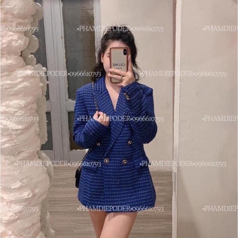 Áo Zara Áo khoác dạ tweed blazer xanh navy Zara xuất A085