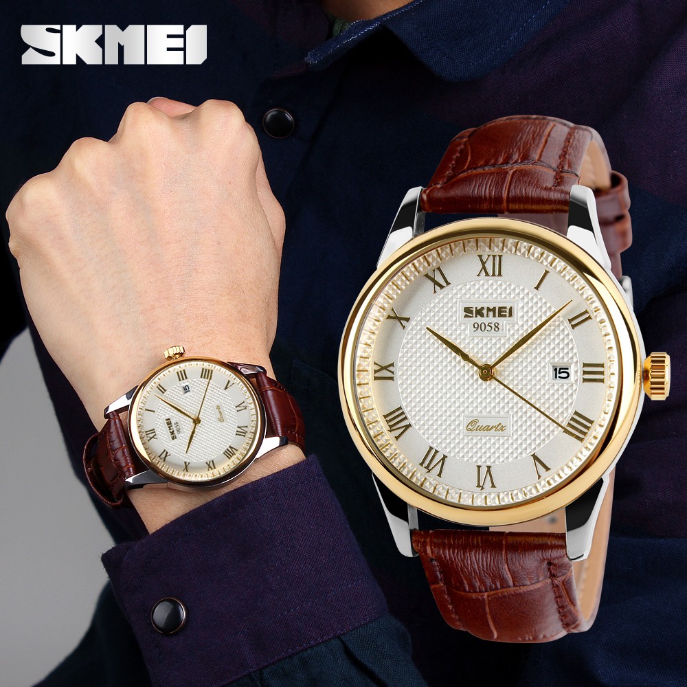 [ Siêu Hot ] Đồng hồ nam thời trang dây da màu nâu sang trọng SKMEI 9058 + Tặng vòng đeo tay phát tài
