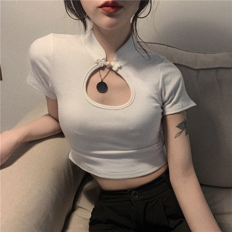 Áo kiểu dệt kim ngắn tay phối nút cài phong cách retro xinh xắn dành cho nữ