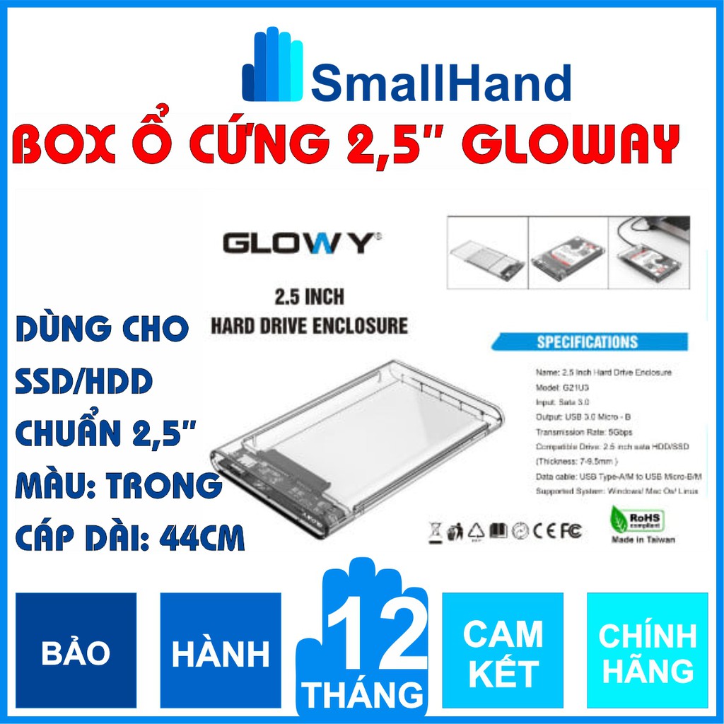 Box ổ cứng Gloway G21U3 dùng cho SSD/HDD 2,5" - Nhựa ABS trong suốt – CHÍNH HÃNG – Bảo hành 12 tháng