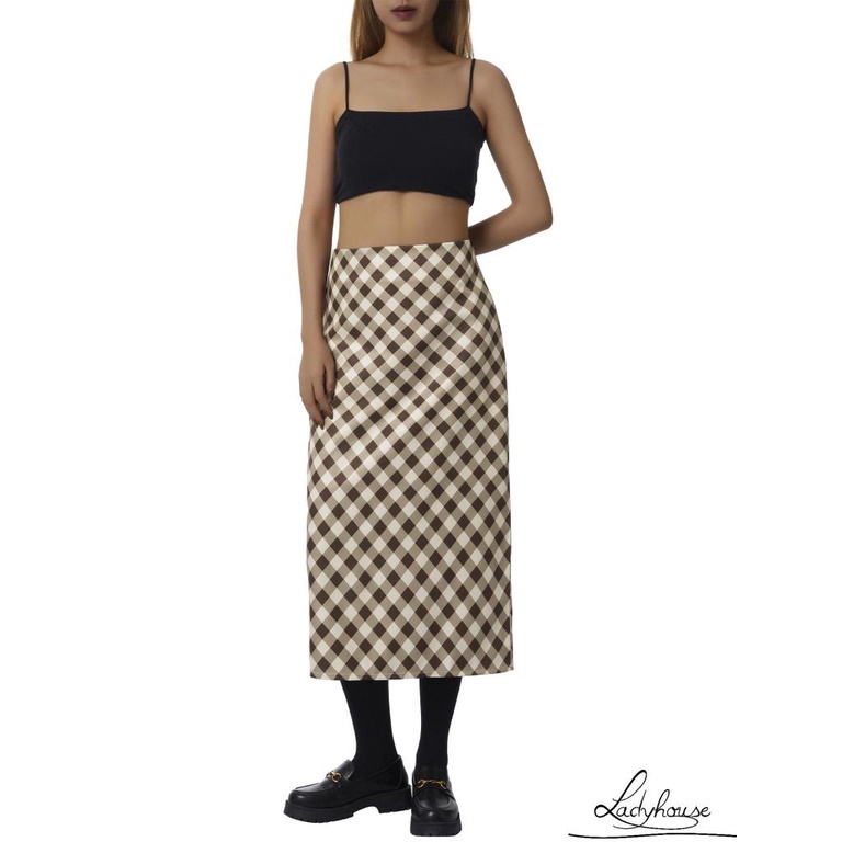 Chân váy dài lưng cao in họa tiết caro màu nâu thời trang size S/ M/ L cho nữ