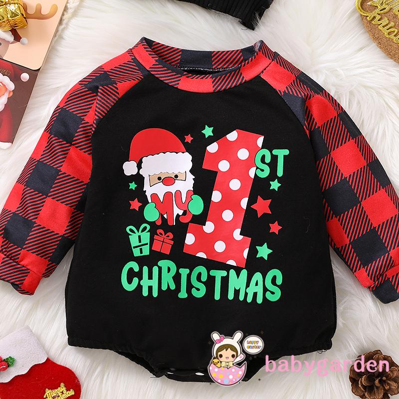 Bộ Áo Liền Quần Tay Dài Cổ Tròn In Họa Tiết Giáng Sinh Kèm Nón Cho Bé