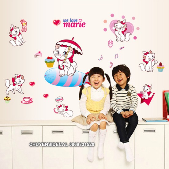 Decal dán tường - Mèo Trắng Hồng Dễ Thương