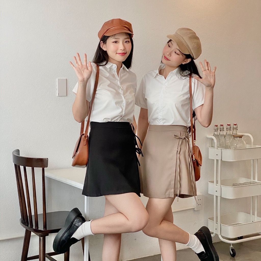 Áo sơ mi nữ tay ngắn FM Style form ôm basic mang đi học đi làm phong cách Ulzzang thời trang 220211001