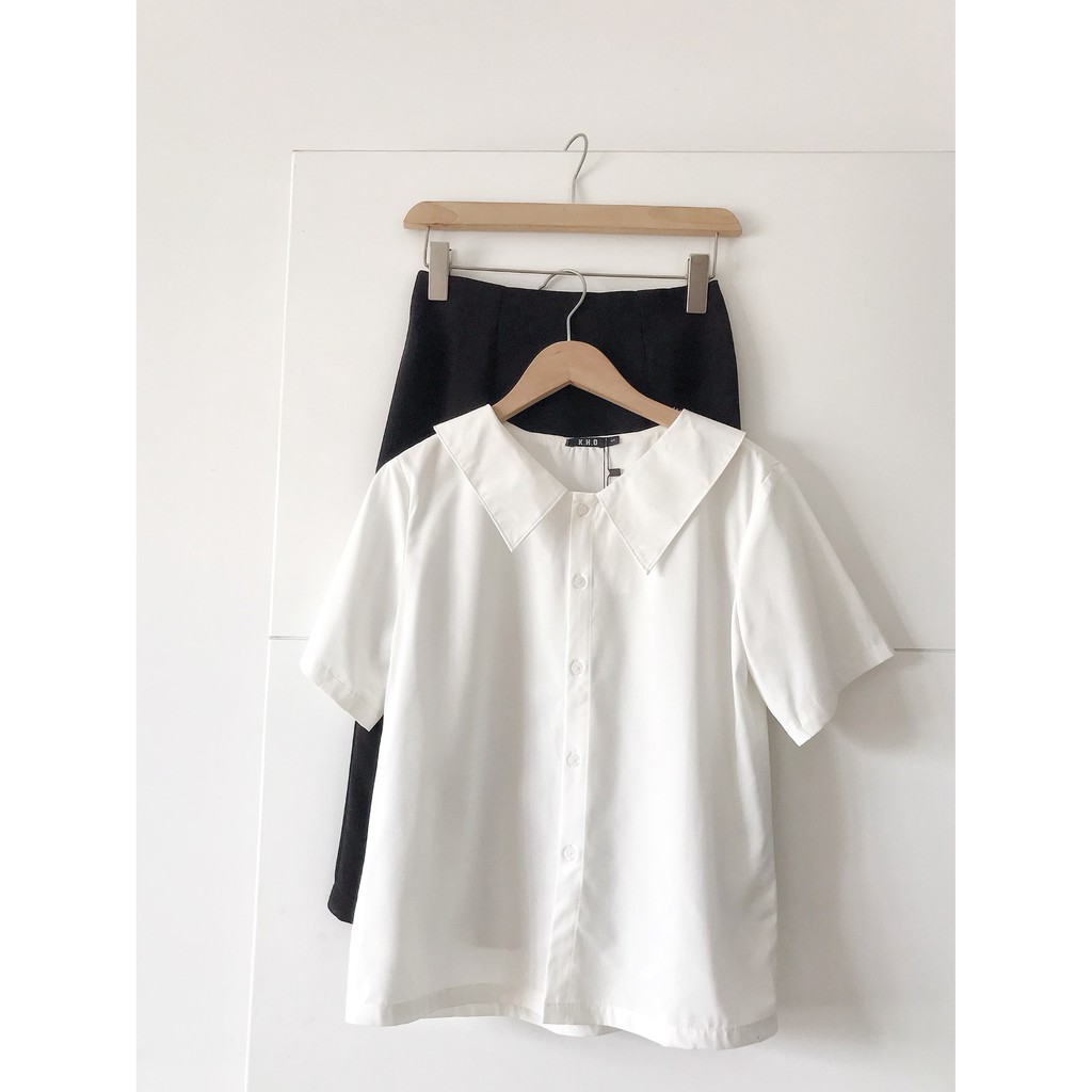 Áo sơ mi nữ tay ngắn, vải không nhăn cotton mát, phong cách hàn quốc