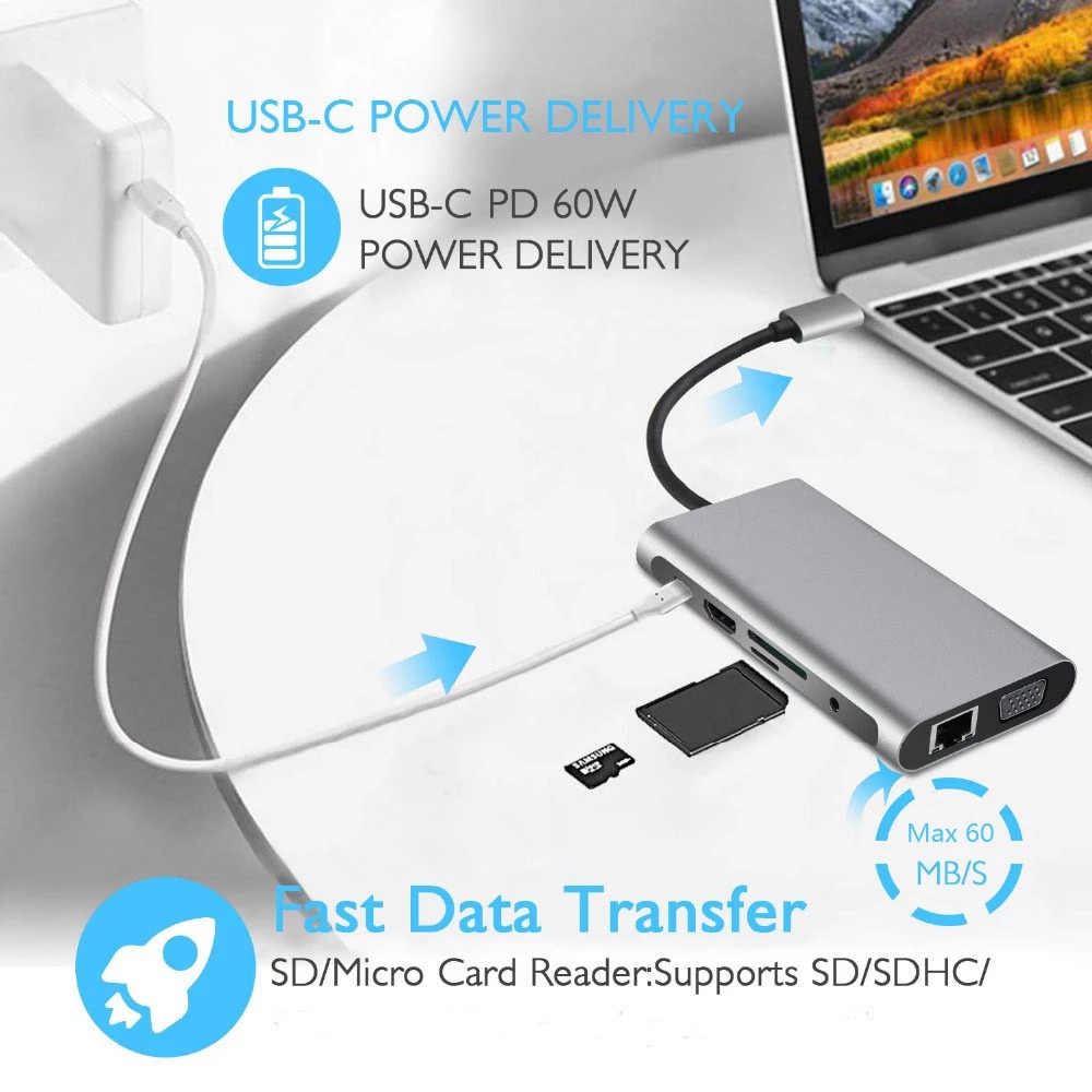 Bộ Chuyển Đổi Hub Usb 3.0 4k Hdmi Sang Vga Rj45 10 Trong 1 Cho Macbook Pro Thunderbolt 3 | BigBuy360 - bigbuy360.vn