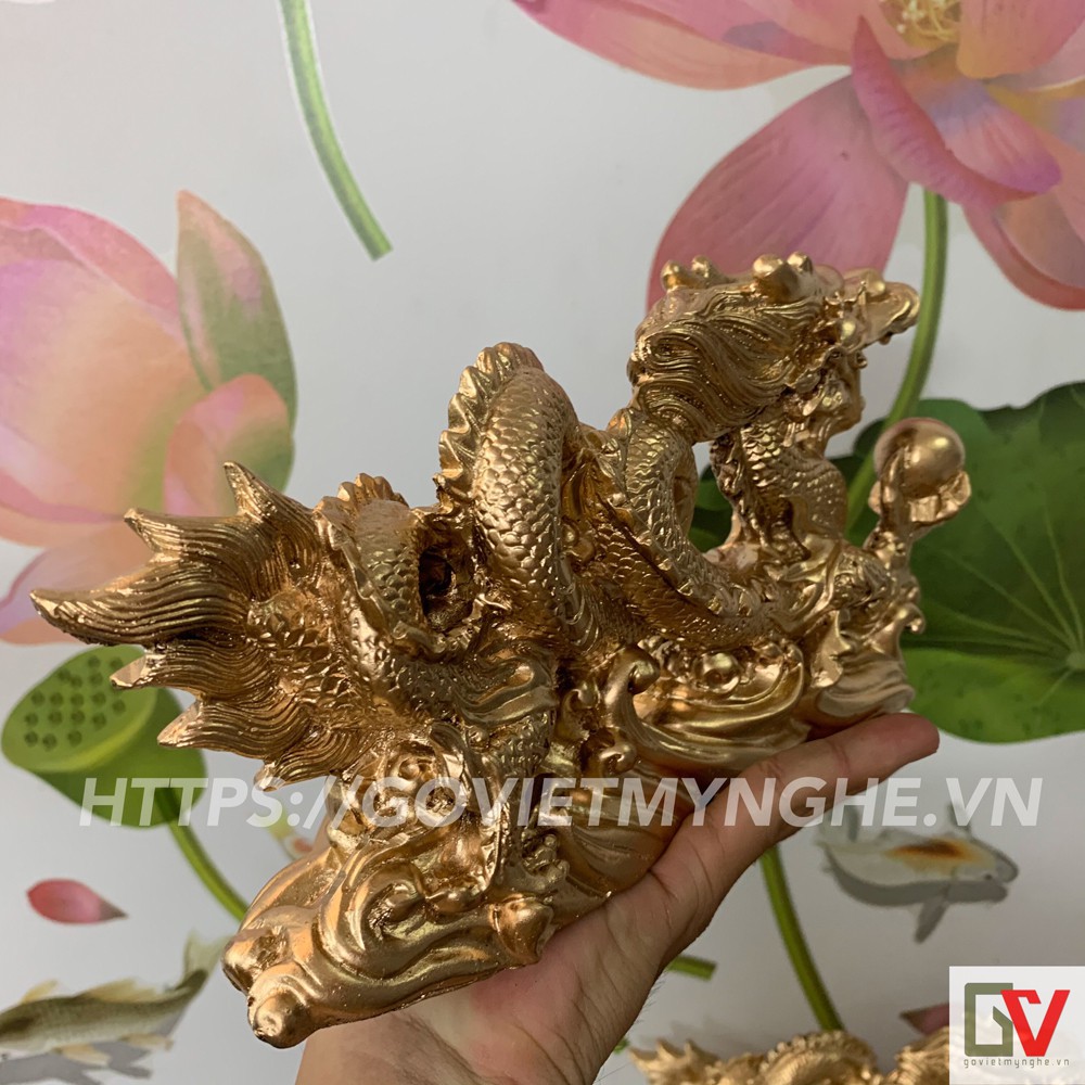 Tượng đá Rồng trang trí phong thủy - Màu nhũ vàng - Dài 26cm