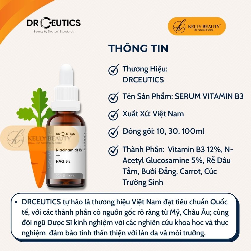 Serum Vitamin B3 DrCeutics 30ml - Làm Sáng, Đều Màu Da &amp; Se Khít LCL - Niacinamide 12% + NAG 5% | Kelly Beauty