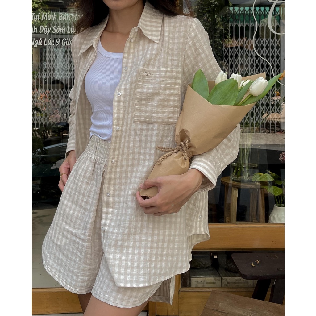 TheBlueTshirt - Áo Sơ Mi Phom Rộng Nữ Vải Lanh Vàng Sọc Trắng - Oversized Pocket Linen Shirt - Earth Pattern