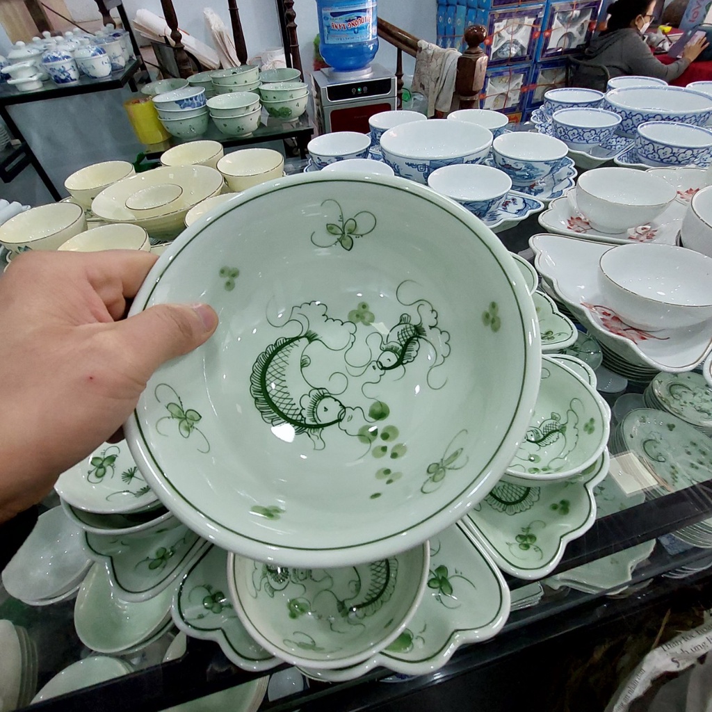Bộ bát đĩa hoa mặt trời men kem xanh hoa văn cá chép, Hàng gốm sứ Bát Tràng chính hãng, Bộ -15 món