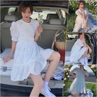 Đầm trắng hoa nhí tay phồng