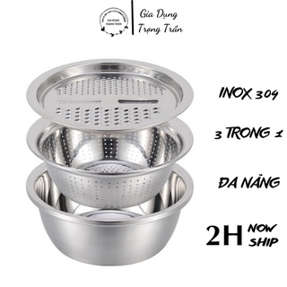 Bộ nạo rau củ quả inox đa năng 3 món Nhật Bản, kiêm rổ và chậu inox đa năng tiện lợi