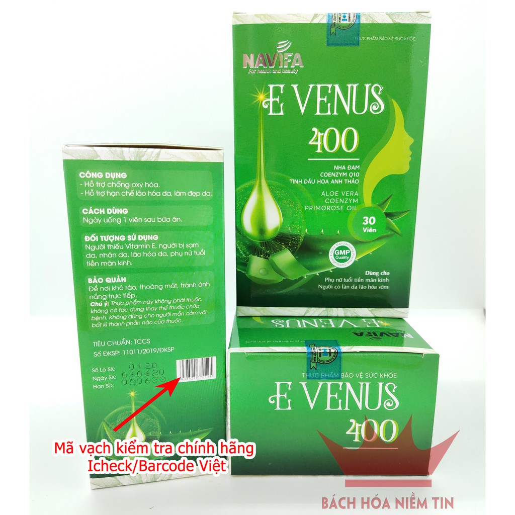 Vitamin E - Nha đam - E VENUS 400 - chống lão hóa làm đẹp da, ngừa sạm da, nhăn da hiệu quả - Hộp 30 viên Chuẩn GMP Bộ Y