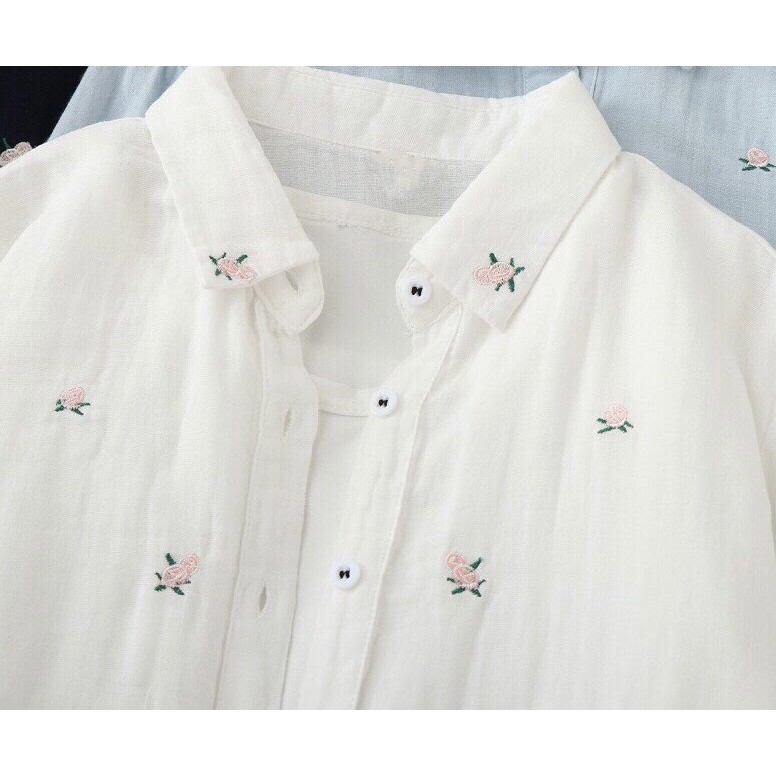 Áo SƠ MI TRẮNG  vải Xô thêu hoa nhí Nữ  maicuteshop
