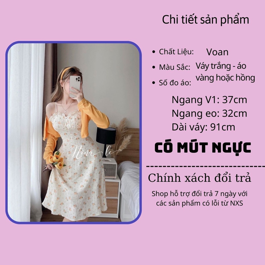 Set váy 2 dây cúp ngực, đầm hoa nhí kèm áo khoác cardigan dài tay chiết eo dáng dài freesize hàn quốc Ylydress C999