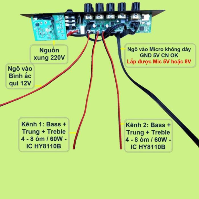 Mạch loa kéo Livestream 2 kênh riêng biệt 2 IC HY8110B 60W + 60W DSP lập trình chống hú có nguồn xung 220V