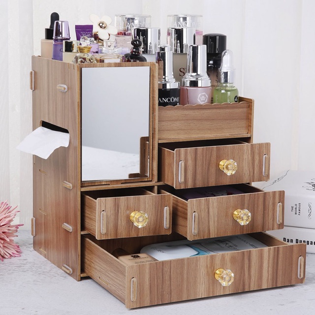 (Hàng order) Kệ đựng trang sức, mỹ phẩm 4 tầng bằng gỗ có gương soi
