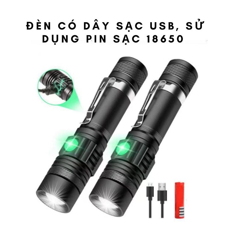 Đèn pin siêu sáng T6 cầm tay sử dụng pin sạc 18650 sạc USB micro.