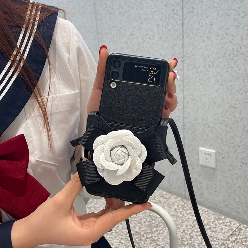 Bao Da pu Điện Thoại Nắp Lật Kèm Ngăn Đựng Thẻ Hình Hoa Trà Cho samsung galaxy z flip 5 4 3 flip4 flip3 5g