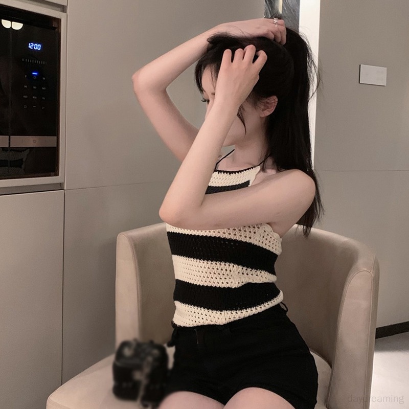 Áo Hai Dây Dệt Kim Kẻ Sọc Thoáng Khí Phong Cách Hàn Quốc