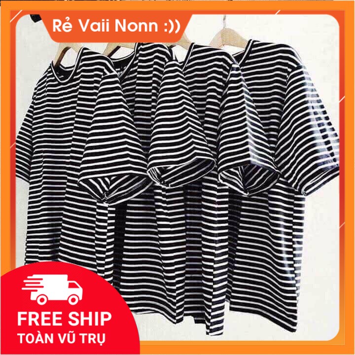 Áo Thun Cotton Tay Lỡ Kẻ Ngang Đen Phong Cách Tinh Tế