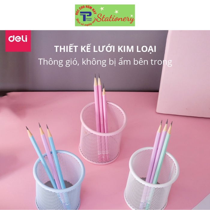 Cốc cắm bút kim loại Deli, 91x98mm - Xanh dương / Hồng / Trắng - 1 cái - 9153