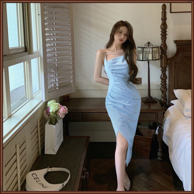 Đầm Hai Dây Xẻ Tà Màu Trơn Thời Trang Dành Cho Nữ